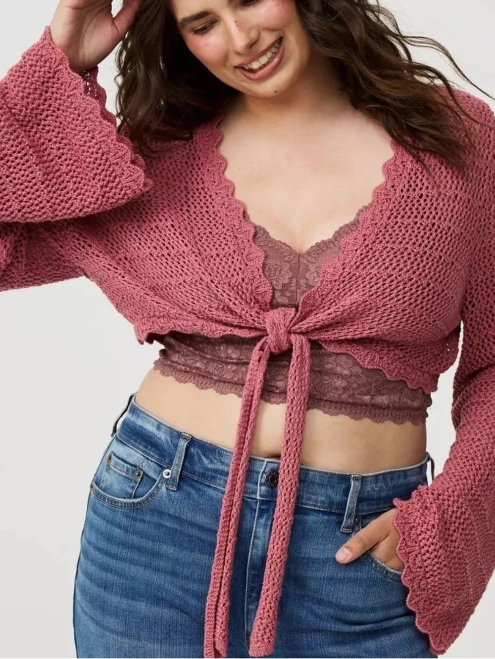 Torrid Tie Front Sweater Shrug 1X 14-16 Mesa Rose Pink Bell Sleeve NWT NEW